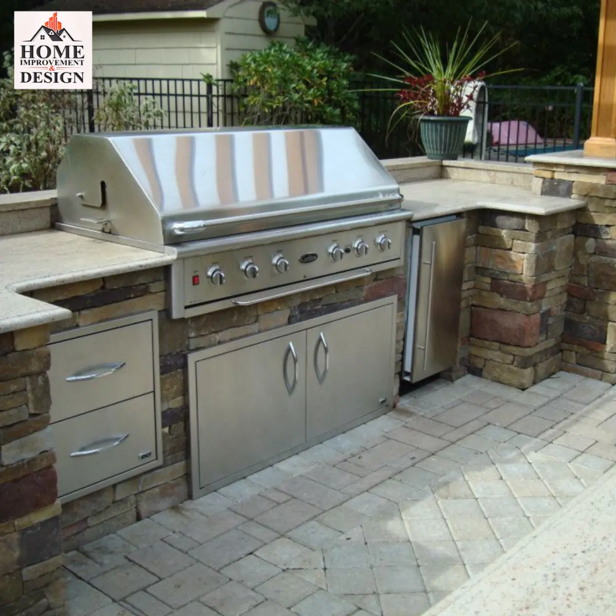 Completed outdoor kitchen in a backyard setting