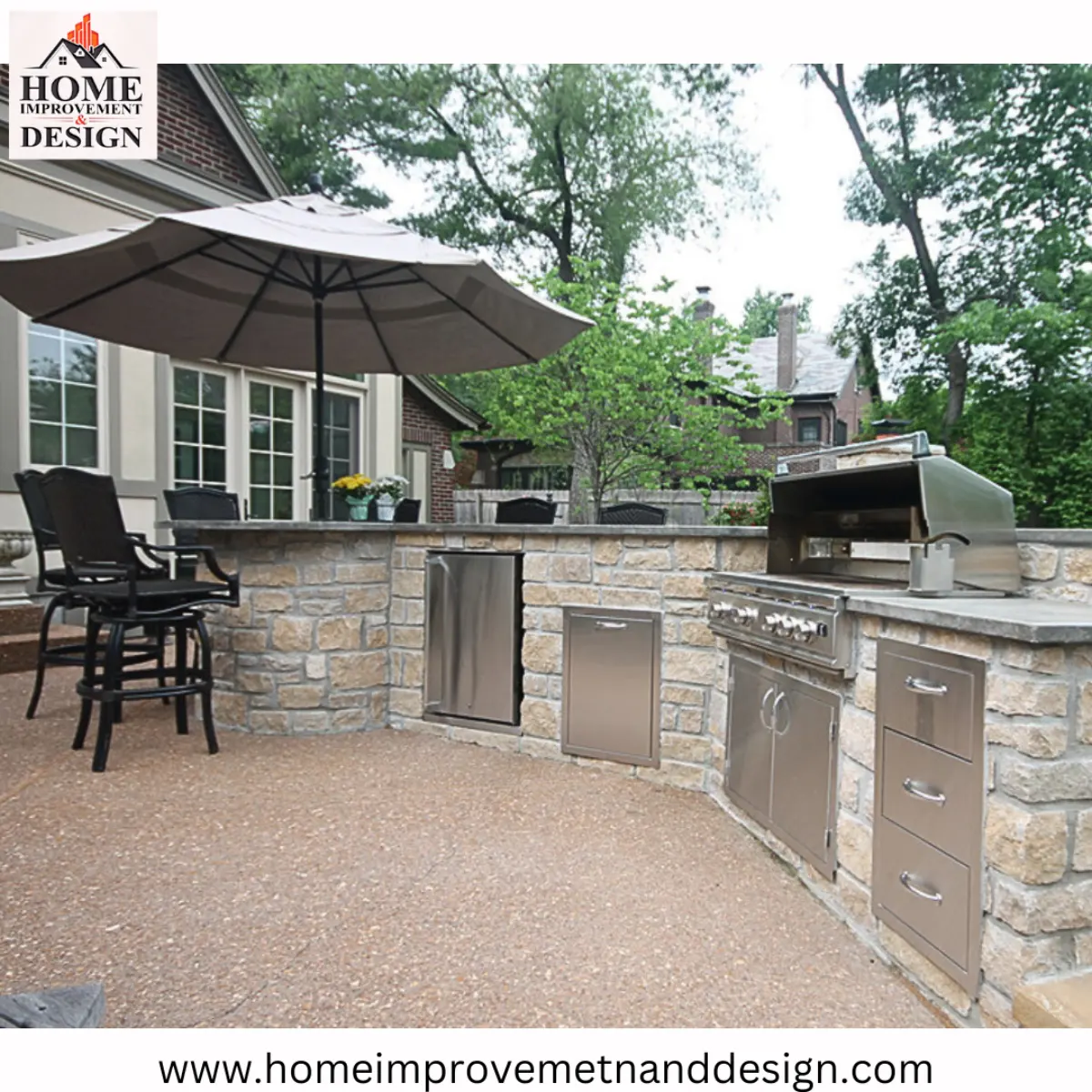 Outdoor kitchen grill and masonry counter