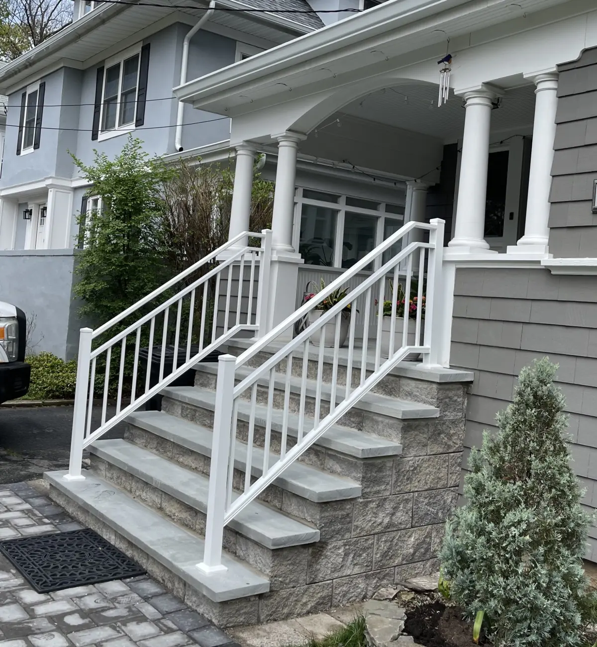 Rebuilt masonry front steps with stone treads