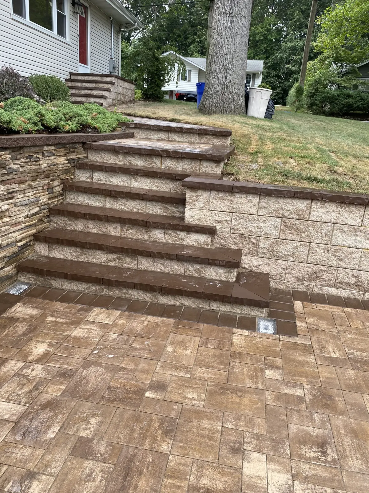 Stone front landing and masonry steps
